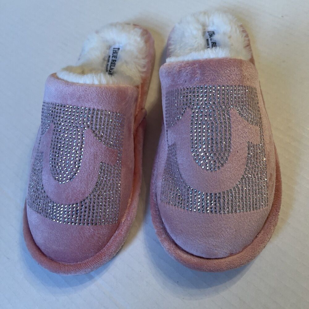 True Religion Sz S ( 5-6 ) Pink Slide Slipper Sandals Faux Fur